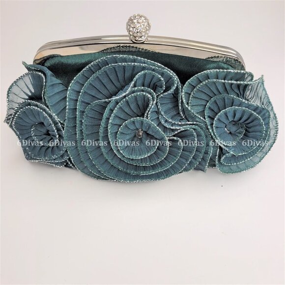 Green Floral Twirl Applique Satin Clutch Purse  with Clasp Closure - Picture 1 of 11